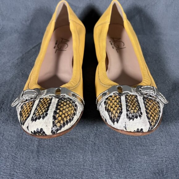 AGL Attilio Giusti Leombruni Yellow Snakeskin Cap Toe Ballet Flats 37 7 - Picture 3 of 6